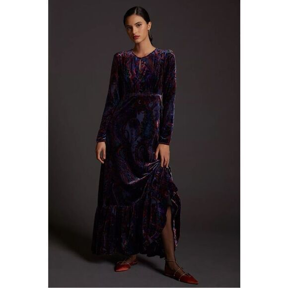 NEW Anthropologie Burnout Velvet Abstract Paisley Flounced Maxi Dress Size 2 - Picture 1 of 4